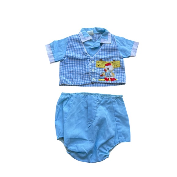 Cradle Togs Other - Vintage Cradle Togs Baby Boy Blue Gingham Duck Embroidered Shirt and Shorts Set